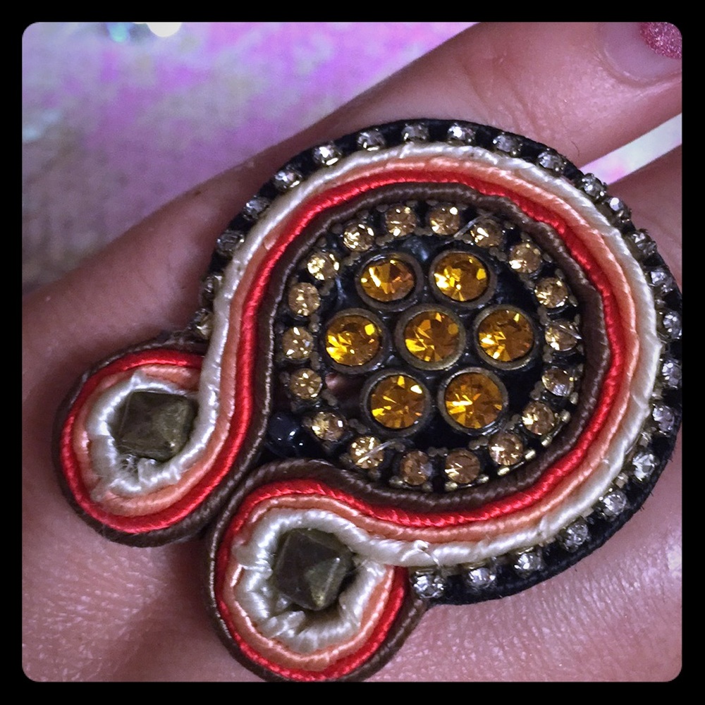 Crystal and leather stretchy statement ring